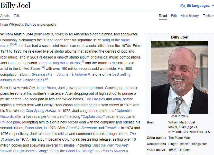 Billy Joel's Wikipedia page